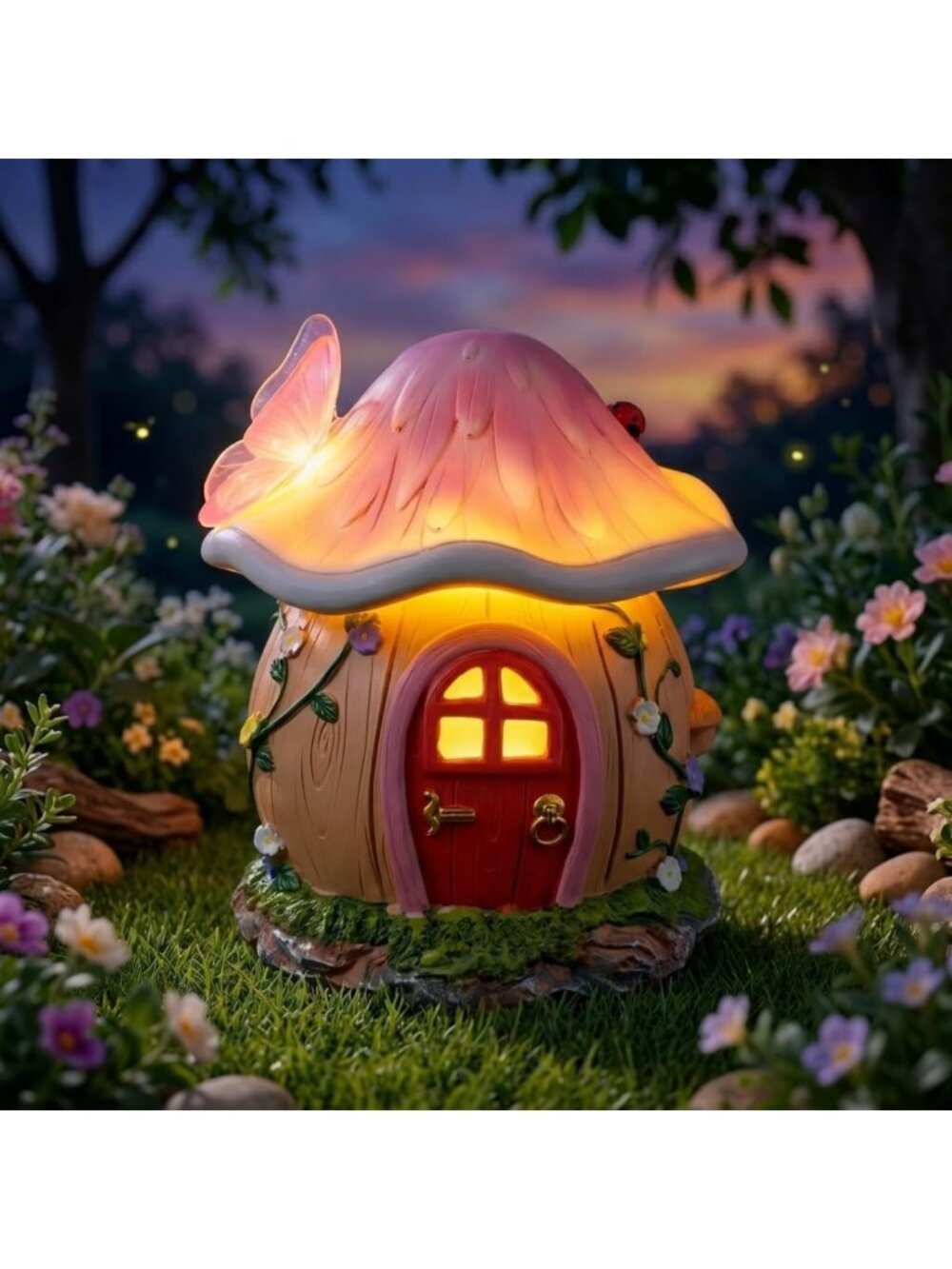 Handcrafted Solar Fairy House Figurine, Outdoor Garden Mushroom Statue, Unique